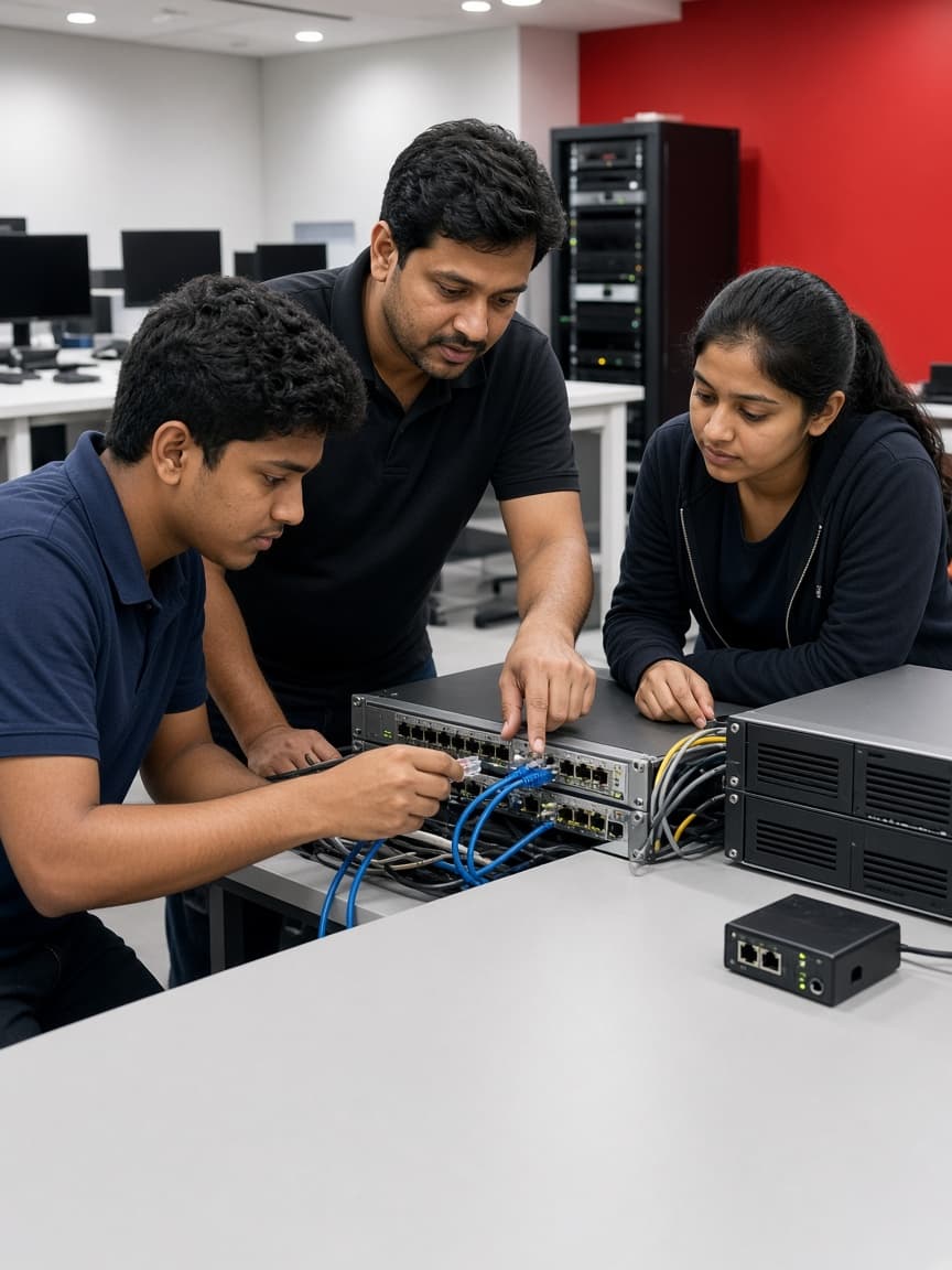 An instructor guiding two learners through a networking lab exercise